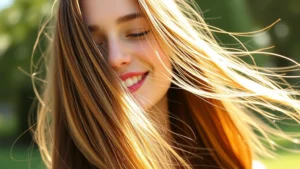 Woman with long healthy shiny hair flowing naturally, outdoor sunlight, radiant healthy glow, serene expression, close-up of hair texture showing shine and vitality