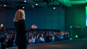 Professional woman presenting at a growth conference stage with audience in background, confident posture, modern auditorium setting with stage lighting