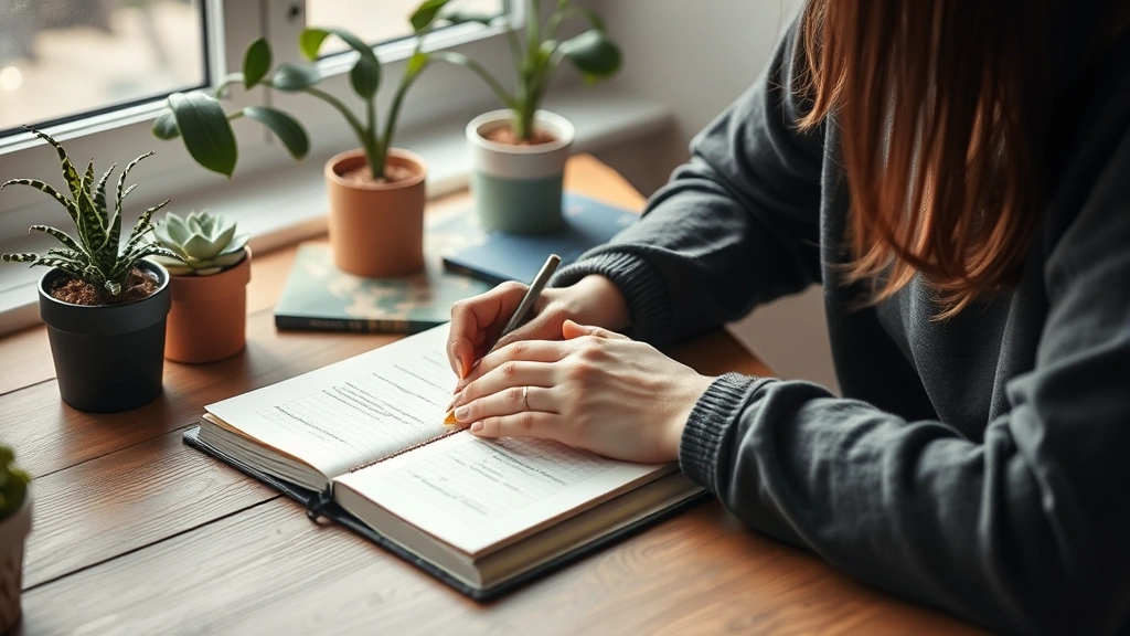 Person writing in journal at wooden desk with plants nearby, focused and calm, natural daylight streaming in, representing self-reflection and personal growth work