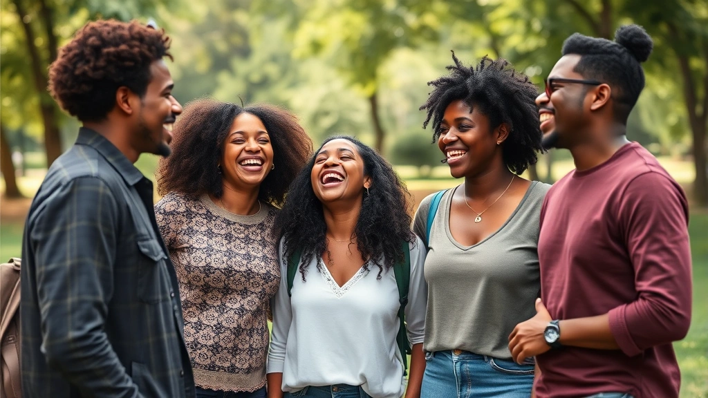 Group of diverse people laughing together outdoors in park setting, genuine connection and warmth visible, representing healthy relationships and social support for confidence building