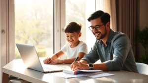 Parent and child studying together at modern desk with laptop, natural sunlight streaming through window, warm encouraging atmosphere, both smiling, financial documents visible but not readable