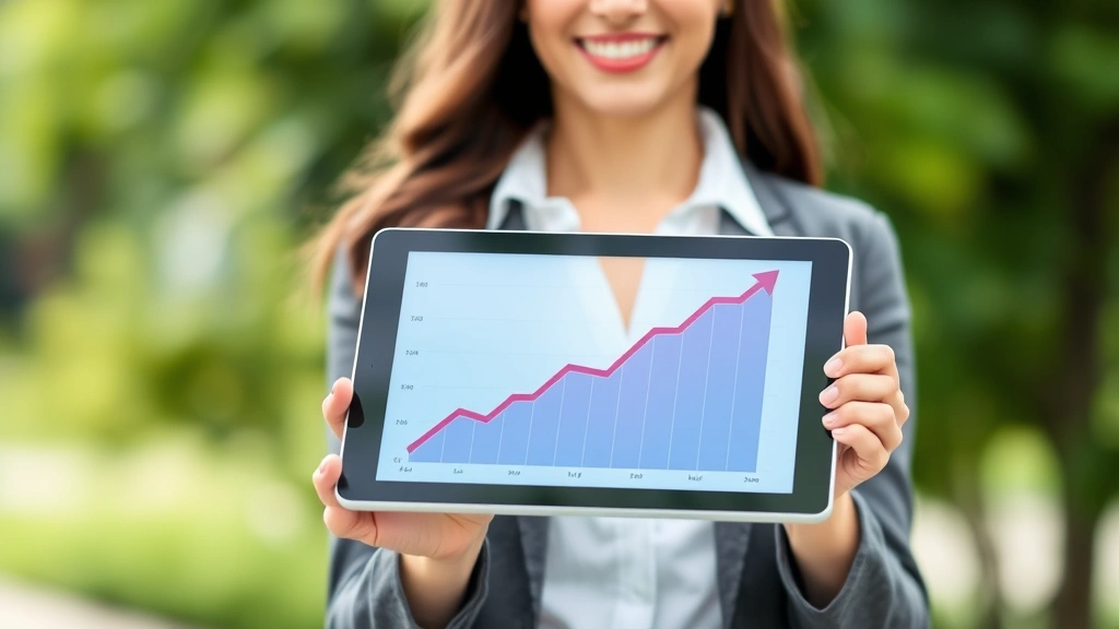 Upward trending graph visualization displayed on tablet held by professional woman in casual business attire, outdoor setting with blurred green background, confident expression, representing financial growth and savings progress