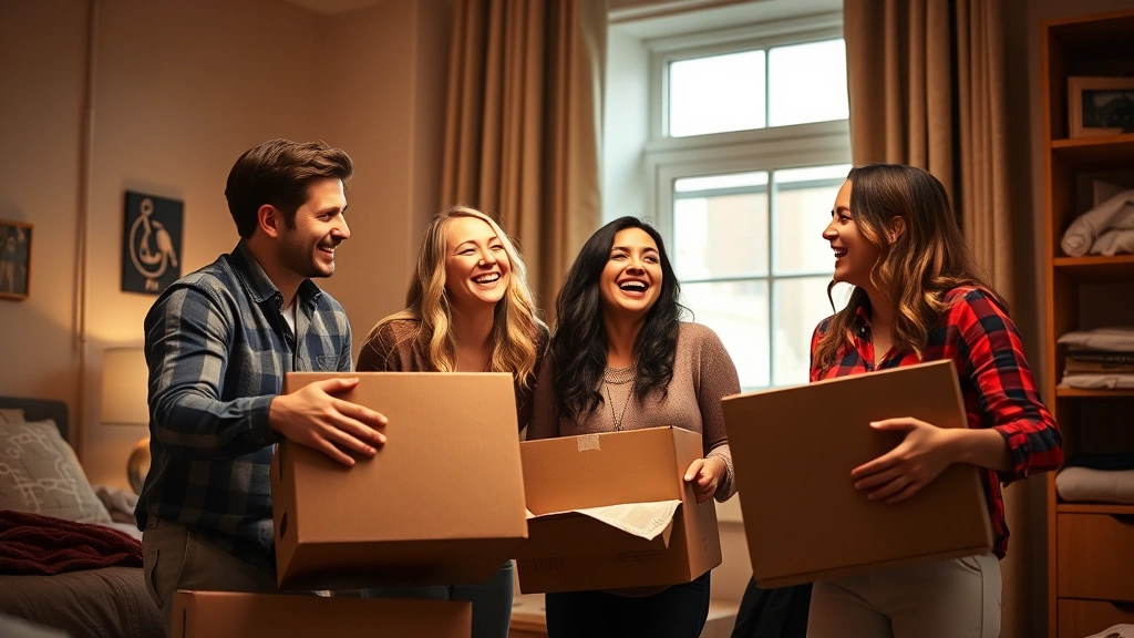 Family of four laughing together in college dormitory room, unpacking boxes, warm golden lighting, celebrating educational achievement, genuine joy and accomplishment visible on all faces