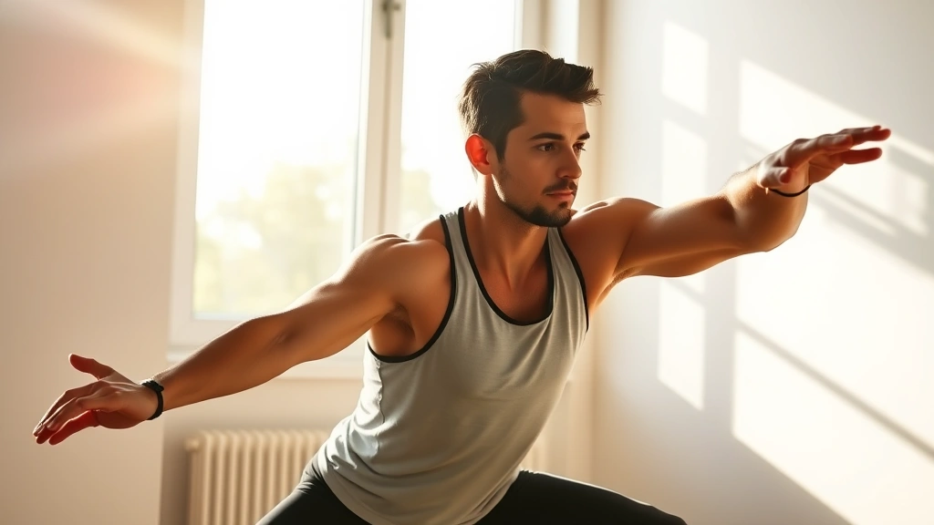 Person doing morning stretching exercises in bright sunlight near window, determined expression, athletic wear, motivational energy, indoor morning routine setting, photorealistic