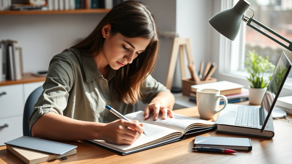 Individual writing goals in journal at desk with coffee, focused concentration, natural daylight, organized workspace, personal development moment, realistic photography