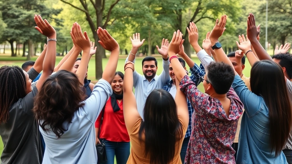 Group of diverse people celebrating achievement with raised hands in circle, genuine joy and success energy, outdoor park setting, motivational group moment, candid authentic photo
