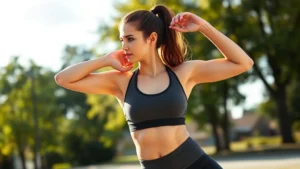 Athletic woman in workout gear mid-morning stretching routine in bright natural light, showing strength and determination, outdoor fitness environment with trees and sky visible