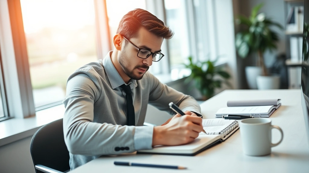 Professional person at desk writing in notebook with coffee cup nearby, focused expression showing concentration and progress tracking, modern workspace with natural window light streaming in