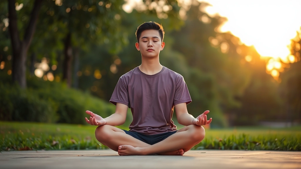 Young adult meditating peacefully outdoors in park setting at sunset, cross-legged on ground with serene facial expression, surrounded by natural greenery and warm golden light