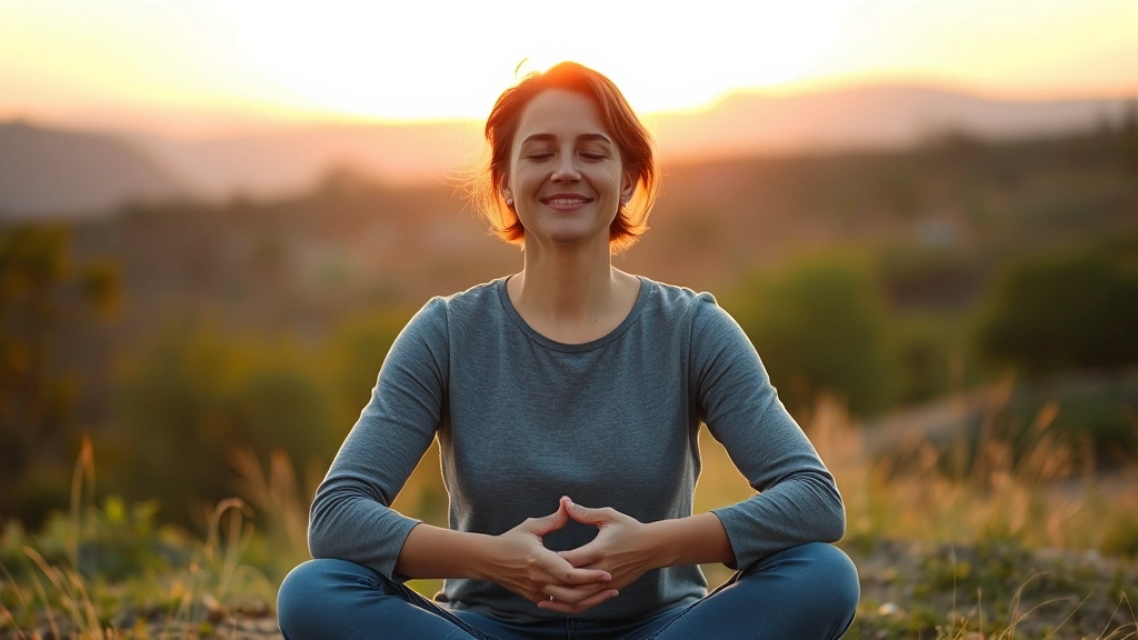 Person sitting peacefully outdoors at sunrise, hands resting gently on lap, calm facial expression, natural landscape background, warm golden light, embodying stress relief and inner peace