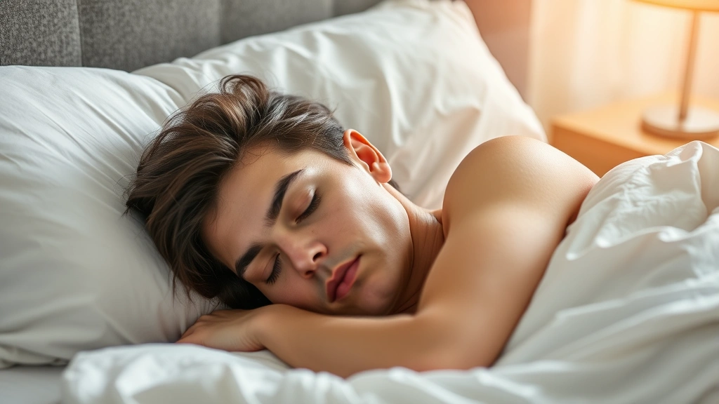 Person sleeping peacefully in bed with soft natural light, comfortable bedding, serene expression, emphasizing quality rest and recovery for health