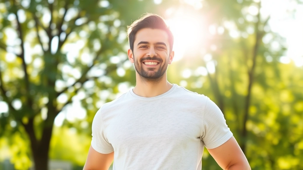 Person standing confidently with relaxed shoulders and open posture, morning sunlight illuminating face, natural outdoor setting with green trees, genuine smile conveying inner strength and self-assurance