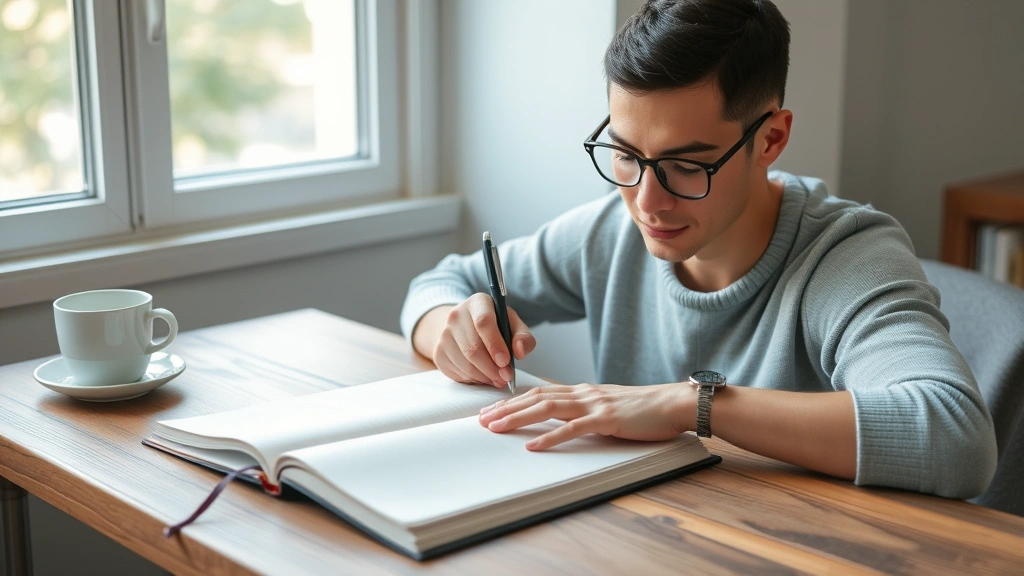 Individual writing in journal at wooden desk with coffee cup, pen in hand mid-write, soft natural light from window, peaceful expression showing self-reflection and personal growth work