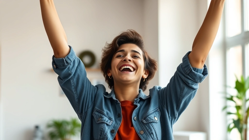 Person celebrating small victory with arms raised in joy, indoor bright space, genuine happiness expression, casual comfortable clothing, moment of authentic achievement and self-recognition