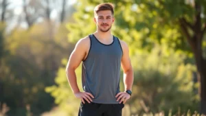 Young adult male in athletic wear standing confidently with good posture outdoors, morning sunlight, natural background, representing physical development and confidence