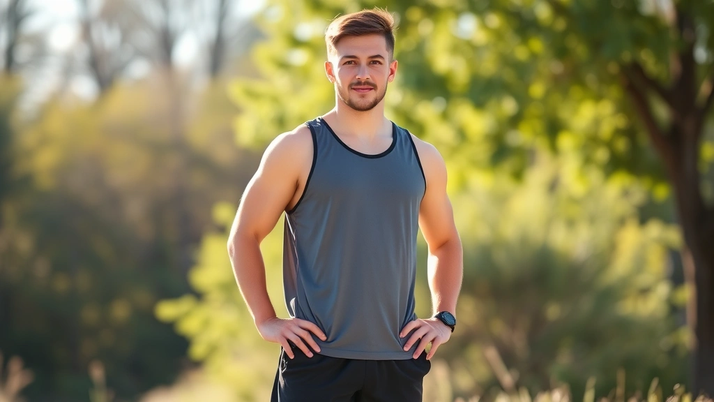 Young adult male in athletic wear standing confidently with good posture outdoors, morning sunlight, natural background, representing physical development and confidence