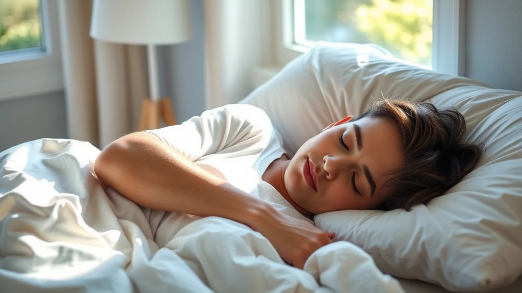 Person sleeping peacefully in comfortable bed with natural morning light filtering through window, serene bedroom environment, representing sleep and recovery importance
