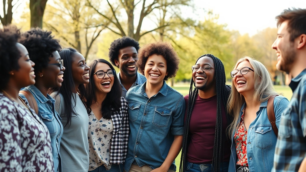 Group of diverse people laughing together outdoors in park setting, genuine connection and joy, natural sunlight, inclusive community atmosphere, candid moment, photorealistic, no text