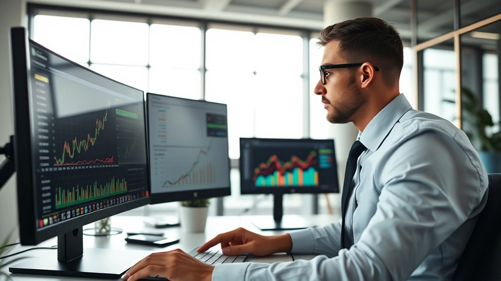 Professional investor reviewing financial charts and growth metrics on computer screen in modern office, focused expression analyzing market data, natural lighting through windows, photorealistic style