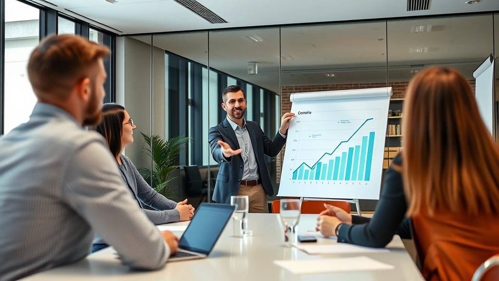 Young professional confidently presenting investment strategy to group in modern conference room, pointing at projected growth chart, collaborative business environment with enthusiasm visible