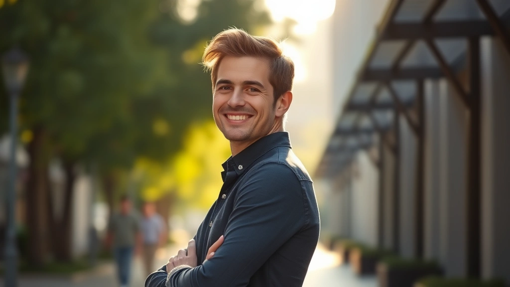 Person standing confidently with shoulders back and head held high, natural lighting, outdoor setting, genuine smile, professional casual clothing, morning sunlight creating warm atmosphere, photorealistic portraiture