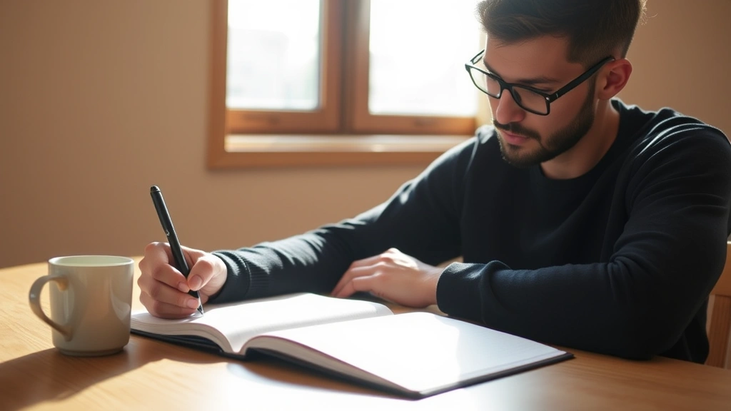 Individual writing in journal with coffee cup nearby, bright natural window light, focused expression, sitting at wooden desk, warm minimalist background, authentic moment of reflection and self-assessment