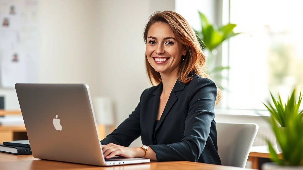 Professional woman sitting at desk with laptop, smiling confidently, bright natural light from window, modern workspace, expression of determination and focus, warm professional atmosphere