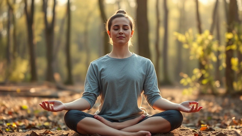 Person meditating outdoors in nature, seated peacefully, morning sunlight, forest or park setting, calm serene expression, embodying mindfulness and inner growth, photorealistic peaceful mood