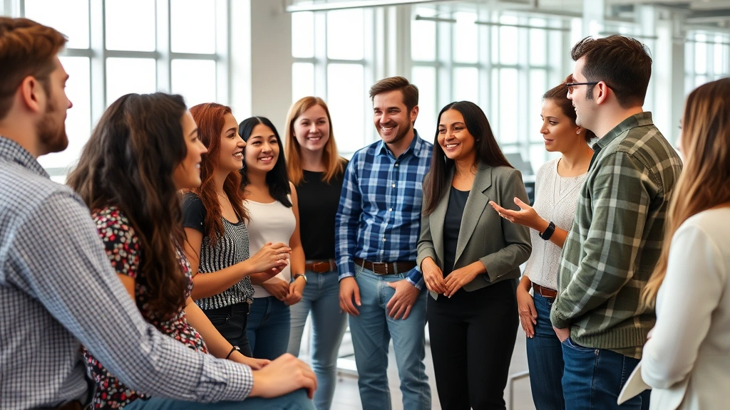 Group of diverse people in collaborative discussion, engaged conversation, supportive body language, modern office or learning space, showing teamwork and shared growth, energetic positive atmosphere