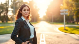 Professional woman in business attire standing at a crossroads with multiple directional paths ahead, morning sunlight, determined expression, representing strategic choices and diversification in personal growth