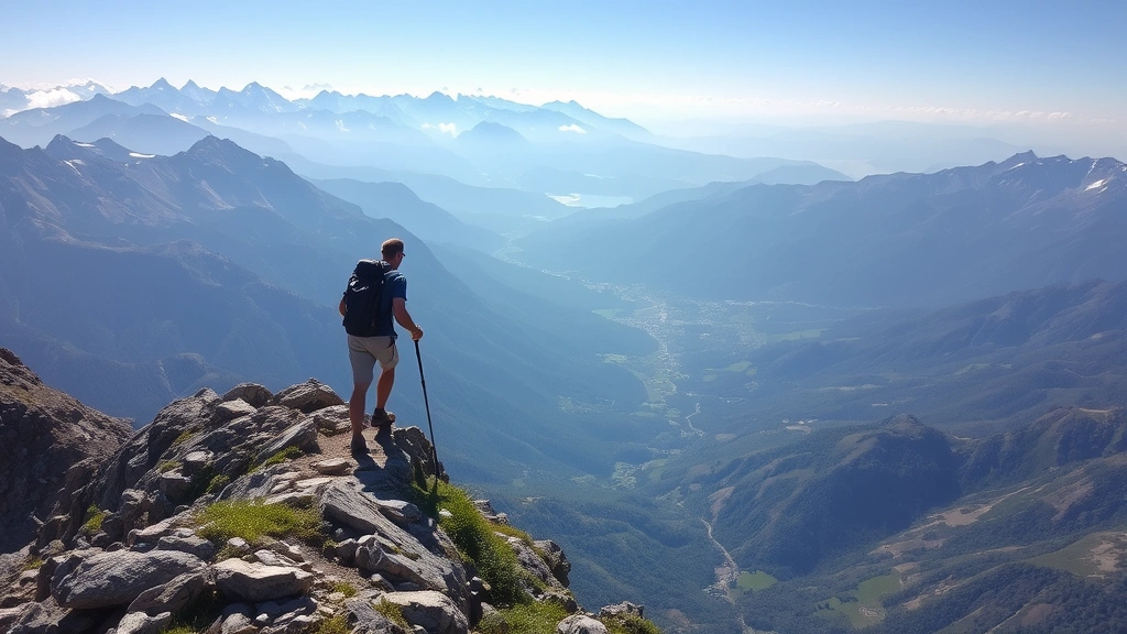 Person climbing a steep mountain trail with scenic valleys visible below, symbolizing long-term vision and gradual compound progress toward distant peak goals