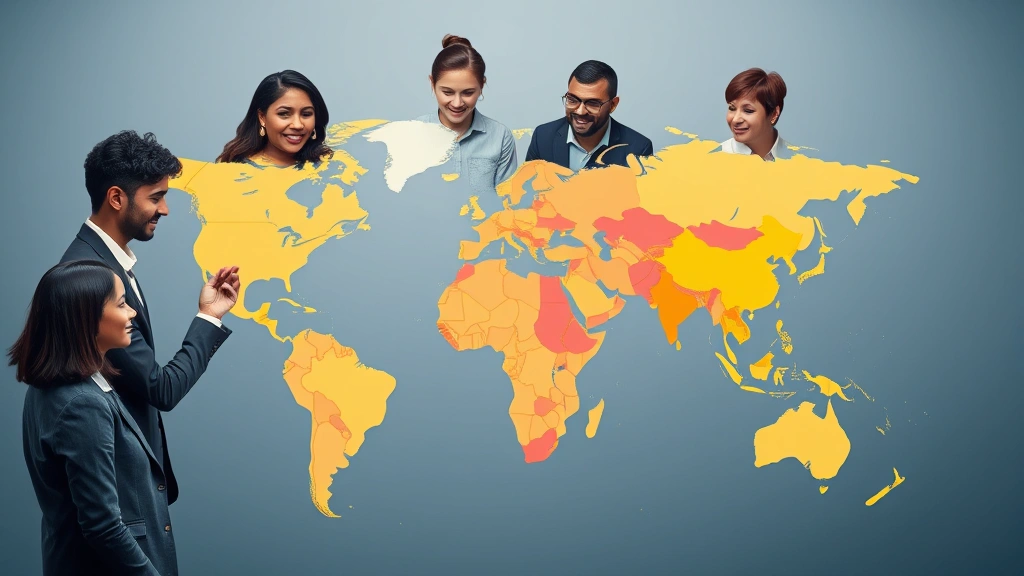 Diverse group of professionals from different ethnicities collaborating around a global map, representing geographic expansion and cross-cultural learning in personal development
