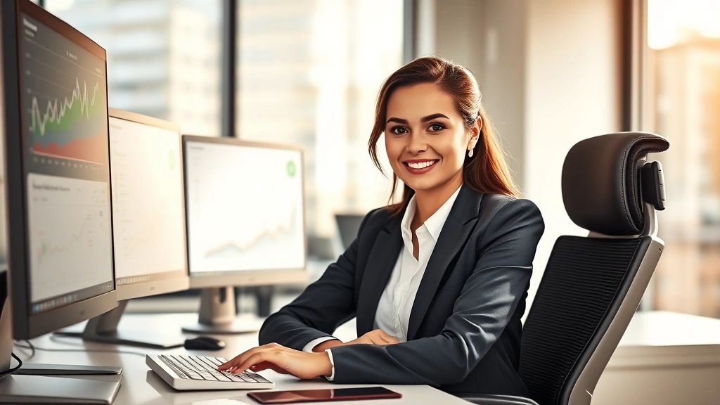 A confident professional woman in business attire sitting at a modern desk with multiple computer monitors displaying growth charts and financial data, natural sunlight streaming through large windows, focused expression showing determination and success