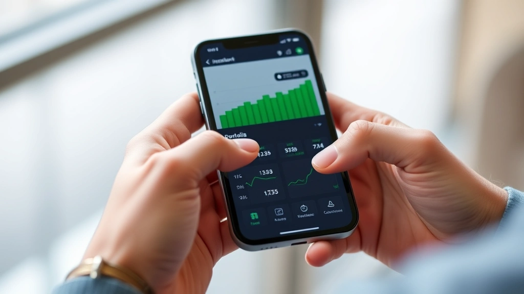 Close-up of hands holding a smartphone with an investment app dashboard showing upward trending portfolio growth charts in green, with financial widgets and wealth accumulation metrics visible on the screen