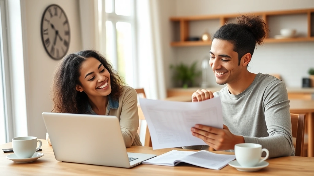 A diverse couple in casual clothing reviewing financial documents and laptop together at their home dining table, smiling with optimism, coffee cups nearby, representing collaborative financial planning and personal growth journey