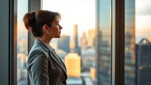 Professional woman in business attire looking out from modern office window with city skyline visible, contemplative expression, golden hour lighting, representing clarity and vision for personal growth