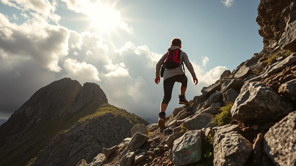 Young person climbing rocky mountain trail with determination, sunlight breaking through clouds above, showing resilience and perseverance in personal development journey