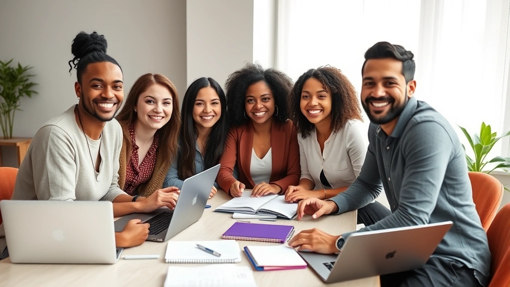 Diverse group of people collaborating around table with laptops and notebooks, genuine smiles and engaged body language, representing abundance mindset and collective growth