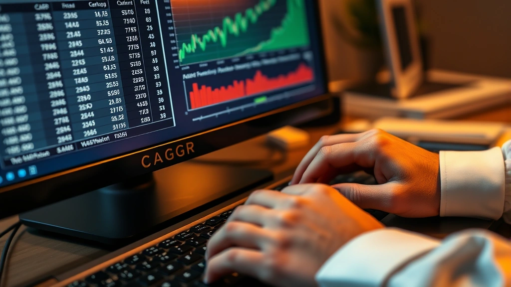 Close-up of hands typing Excel formulas on keyboard with visible monitor displaying CAGR calculations and financial graphs, warm office lighting, detailed realistic photograph
