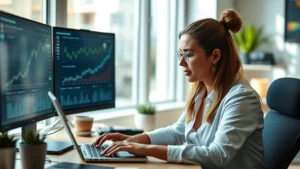 Professional woman analyzing financial data on laptop screen, focused expression, modern home office, natural lighting, charts visible on monitor, growth mindset visualization