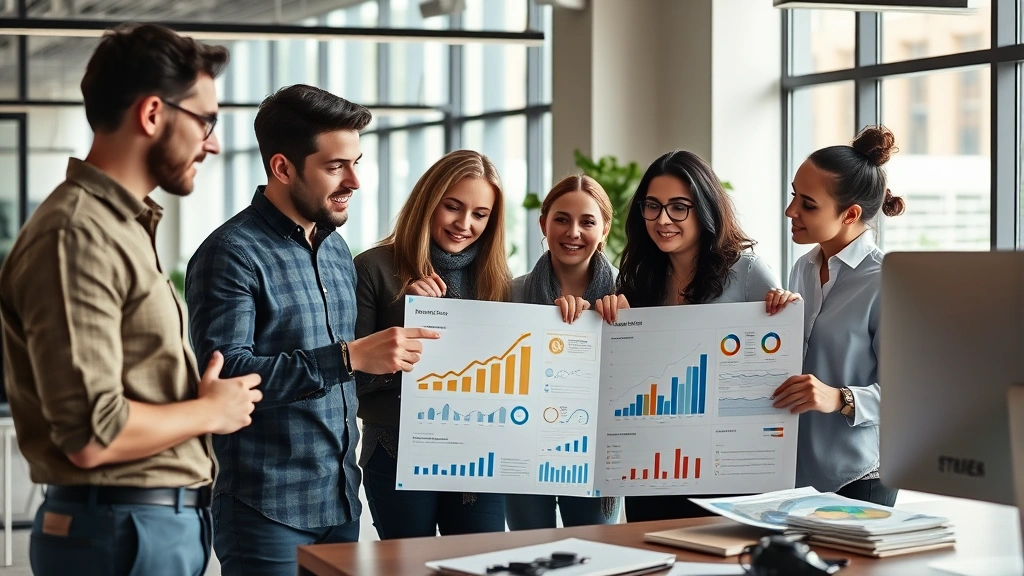 Diverse team in modern office collaborating over financial reports and growth metrics, pointing at analytical dashboard, motivational workspace, natural daylight, professional atmosphere