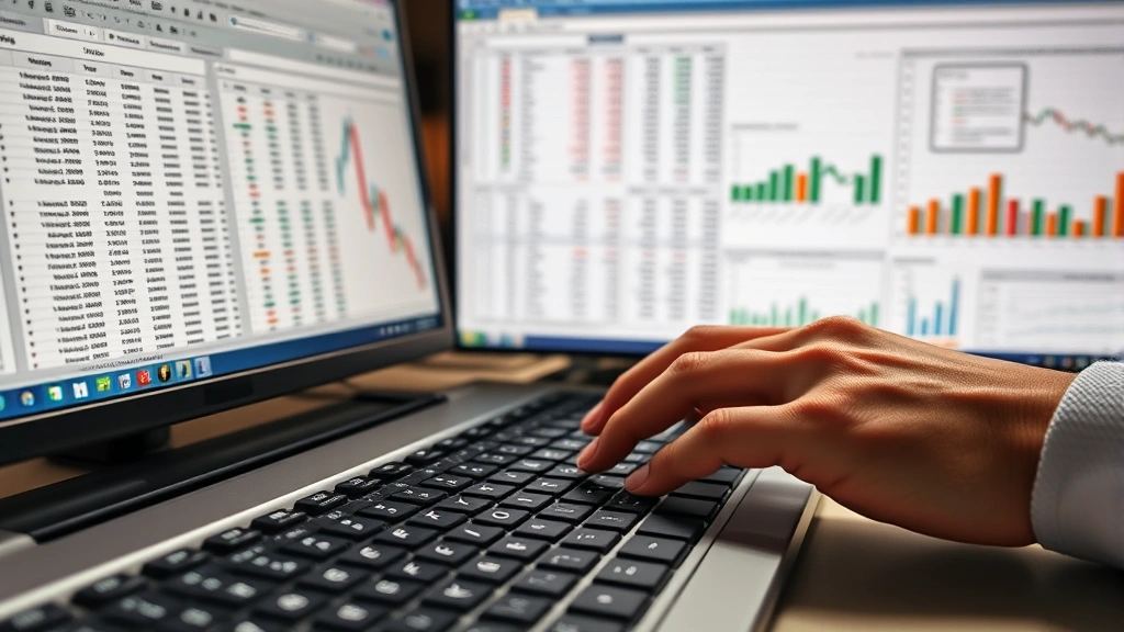 Close-up of hands typing Excel formula on keyboard, multiple spreadsheet windows open, financial charts and graphs visible, concentrated work environment, warm office lighting