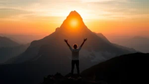 A person standing at the base of a mountain at sunrise, arms raised in determination, looking upward at the challenging peak ahead, symbolizing personal growth and potential unlocking