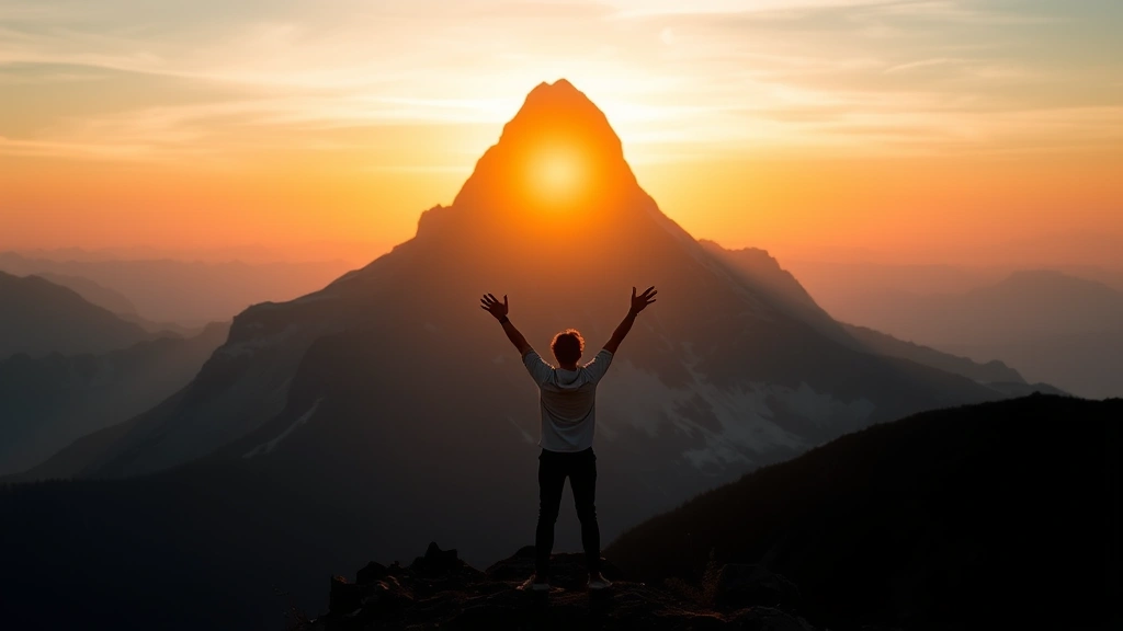 A person standing at the base of a mountain at sunrise, arms raised in determination, looking upward at the challenging peak ahead, symbolizing personal growth and potential unlocking