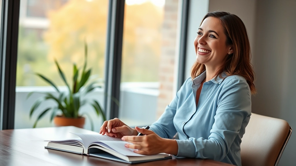 A professional woman in her thirties sitting at a desk with an open notebook, smiling with confidence while looking out a window, representing self-reflection and personal development progress