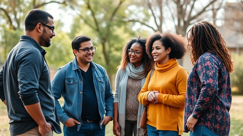 A diverse group of four people engaged in a mentoring circle outdoors, standing in conversation with genuine engagement and supportive body language, showing accountability and community in growth