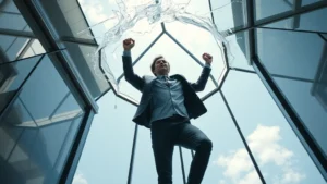 Person breaking through a glass ceiling with determination and triumph, natural lighting, climbing metaphor, empowered expression, modern professional setting