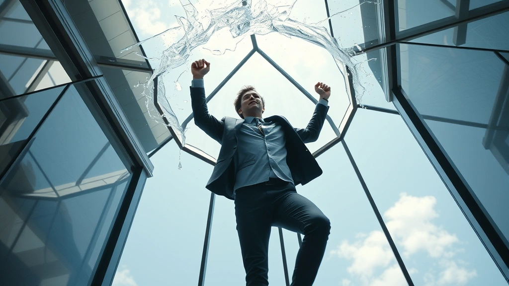 Person breaking through a glass ceiling with determination and triumph, natural lighting, climbing metaphor, empowered expression, modern professional setting