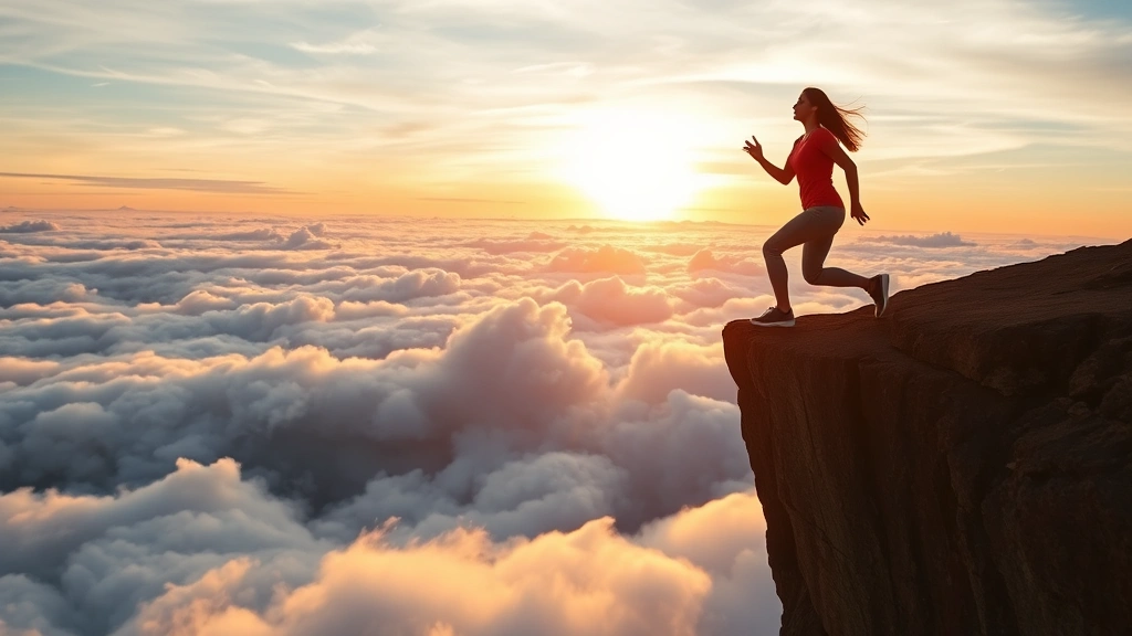 Woman stepping off a cliff into clouds below, representing courage and growth, sunrise in background, confident posture, peaceful determination on face