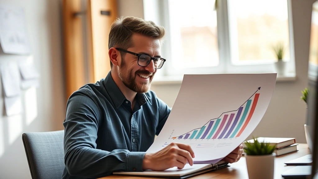 Man reviewing progress chart with genuine satisfaction, sitting at desk with notebook, natural window light, focused concentration, growth visualization